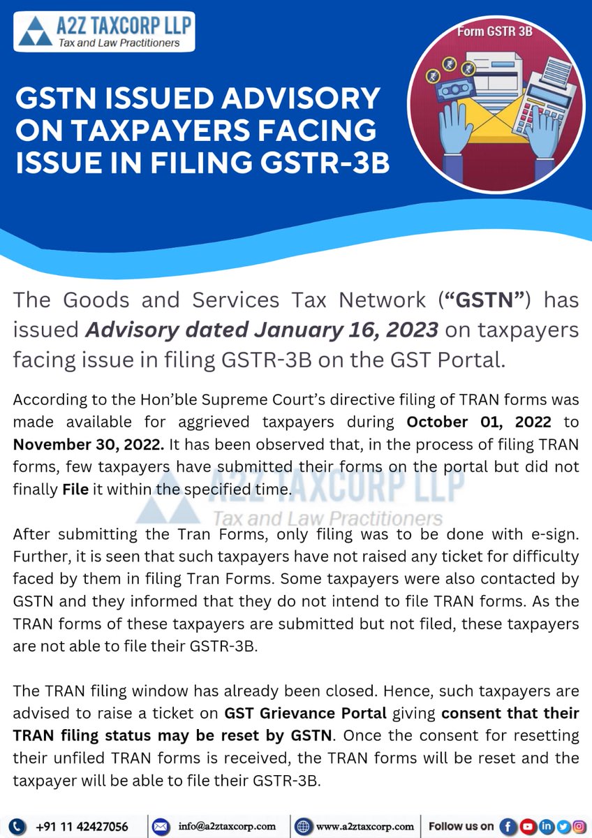 BimalGST's tweet photo. GSTN issued advisory on taxpayers facing issue in filing GSTR-3B

#A2ZTaxcorpLLP | #GSTWithBimalJain | #GST | #GSTportal | #GSTnetwork https://t.co/xRep9HyH1Y