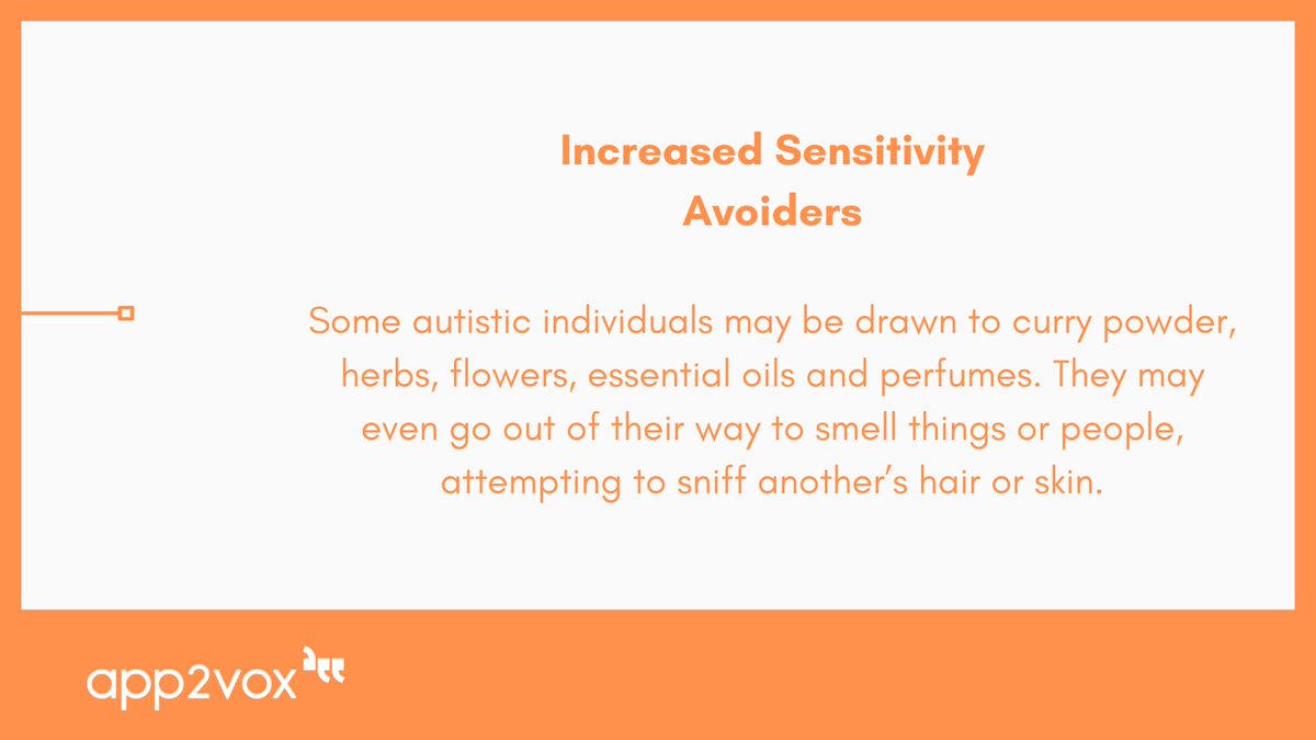 app2vox's tweet image. Are you or your loved one an Avoider or Seeker? 

📖The Seven Senses (Smell) - ow.ly/Jtgb50LKNb5

#app2vox #accessibleaccessibility #autismwarrior #autismsupport #actuallyautistic #autismawareness #neurodiversity #nonverbal #autismawareness #autismsenses #sevensenses #smell
