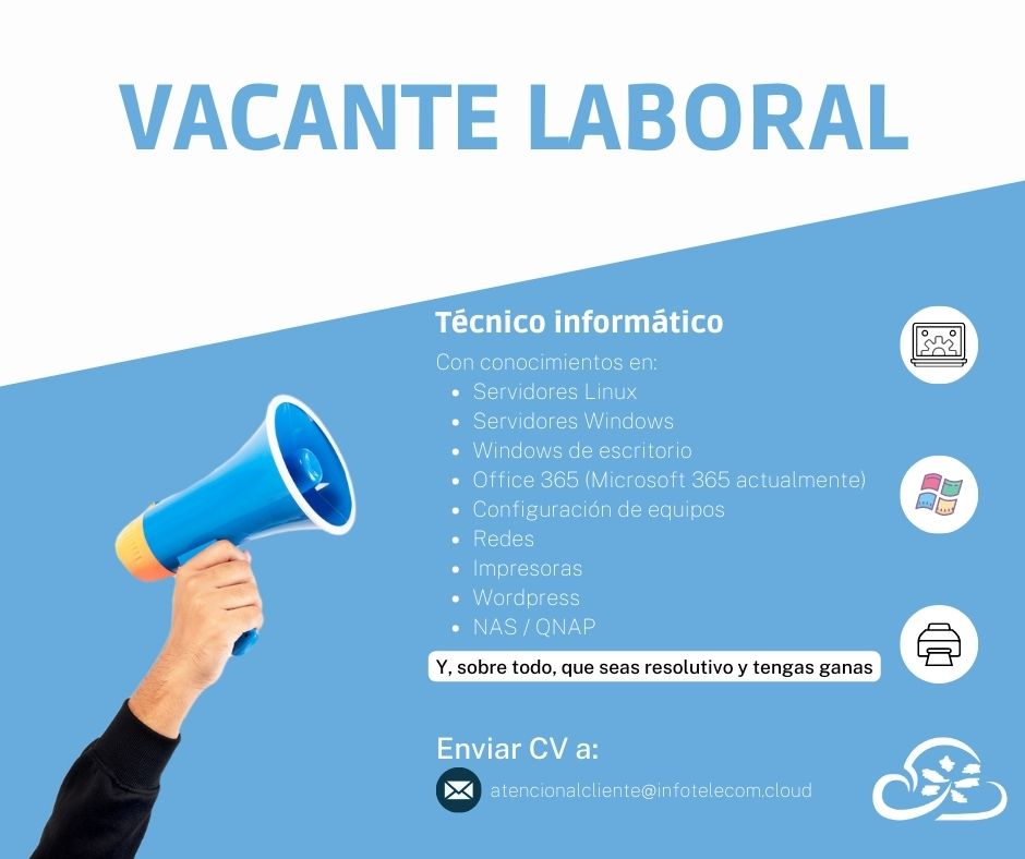 InfoTelecomClou's tweet photo. VACANTE LABORAL 📣

Si eres resolutivo y tienes ganas de trabajar, contamos contigo. 👍

Envianos tu CV a atencionalcliente@infotelecom.cloud
#ofertadeempleo.

Retweetea, seguro que alguien esta interesado. https://t.co/SmWDRuHGxz