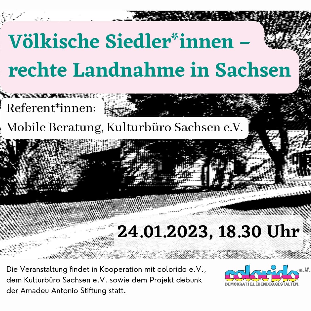 Nächsten Dienstag bei colorido in #Plauen!
@KBSachsen
@AmadeuAntonio
#RechteLandnahme #Sachsen #Vogtland #VölkischeSiedler #Rechtsextremismus #InitiativeZusammenrücken #Retweet
colorido.de/24-01-2022-vor…