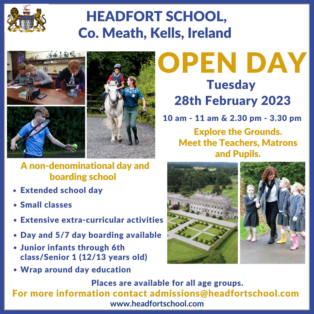 headfortschool's tweet photo. Headfort School Open Day. Tuesday 28th February 2023. Contact Mary in Admissions to book your place.
admissions@headfortschool.com https://t.co/AxtT4UsKfW