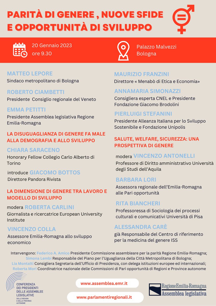 Consigli_Reg's tweet image. 📅 Venerdì 20 gennaio, alle ore 9.30, si terrà il seminario “Parità di #genere, nuove sfide e opportunità di sviluppo”, presso palazzo Malvezzi, a Bologna.

Per ulteriori info ➡️ bit.ly/3ITk4kT