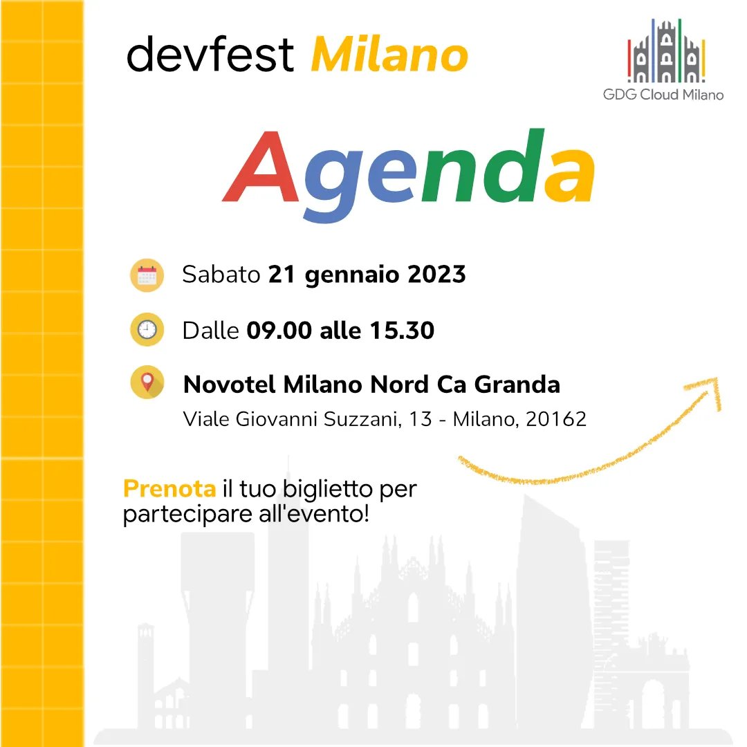 gdgcloudmilano's tweet photo. Eccovi l'agenda completa dell'evento!! 
 
🎟️ Prenota il tuo ingresso gratuitamente: 
https://t.co/YMDjbKCA78   
 
📅 Sabato 21 Gennaio 2023, 9:00 - 15:30 
Novotel Milano Nord Ca Granda 
Viale Suzzani 13 
Milano, 20162 

#gdgcloudmilano #devfest https://t.co/kKSpxlp5Te