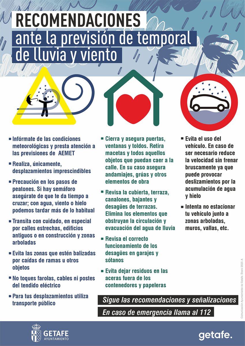 Ante la previsión de la AEMET de fuertes rachas de viento de hasta 70 km/h para hoy martes, os indicamos algunas recomendaciones.

Recuerda, en caso de emergencia, llama al☎️ 112