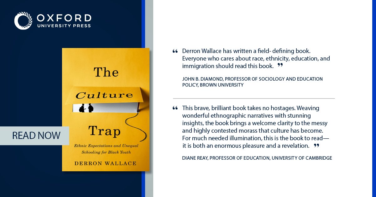 Dr_BrownStew (@derronwallace) on Twitter photo Delighted that my book, THE CULTURE TRAP, has been published by <a href="/OxUniPress/">Oxford University Press</a>! This ethnography centers and celebrates Black youth in London and NYC schools, and shows that the use of culture to explain Black students' success or failure in schools is not only tricky; it is a trap! Delighted that my book, THE CULTURE TRAP, has been published by <a href="/OxUniPress/">Oxford University Press</a>! This ethnography centers and celebrates Black youth in London and NYC schools, and shows that the use of culture to explain Black students' success or failure in schools is not only tricky; it is a trap!