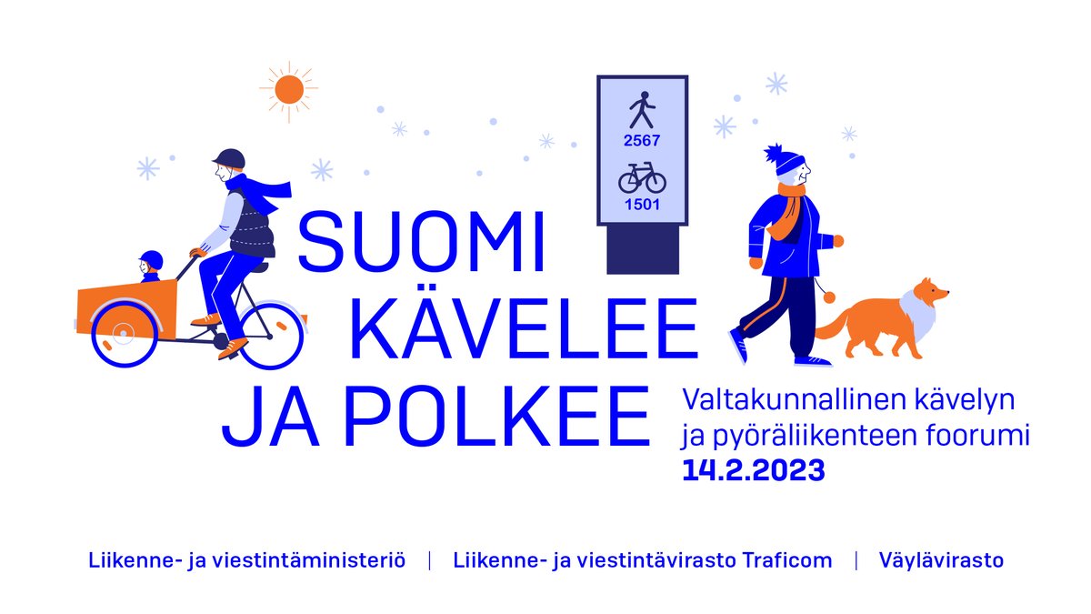 TraficomFinland's tweet photo. Miten kävelyn ja pyöräliikenteen edistämisessä voidaan hyödyntää dataa? Mitä muuta ajankohtaista on agendalla Suomi kävelee ja polkee -foorumissa 14.2. klo 13-15?  

Tutustu ohjelmaan 
https://t.co/yIIgukN4lI

#Suomikäveleejapolkee #kävely  #pyöräily
@lvmfi @vaylafi https://t.co/aHFFMuly1H