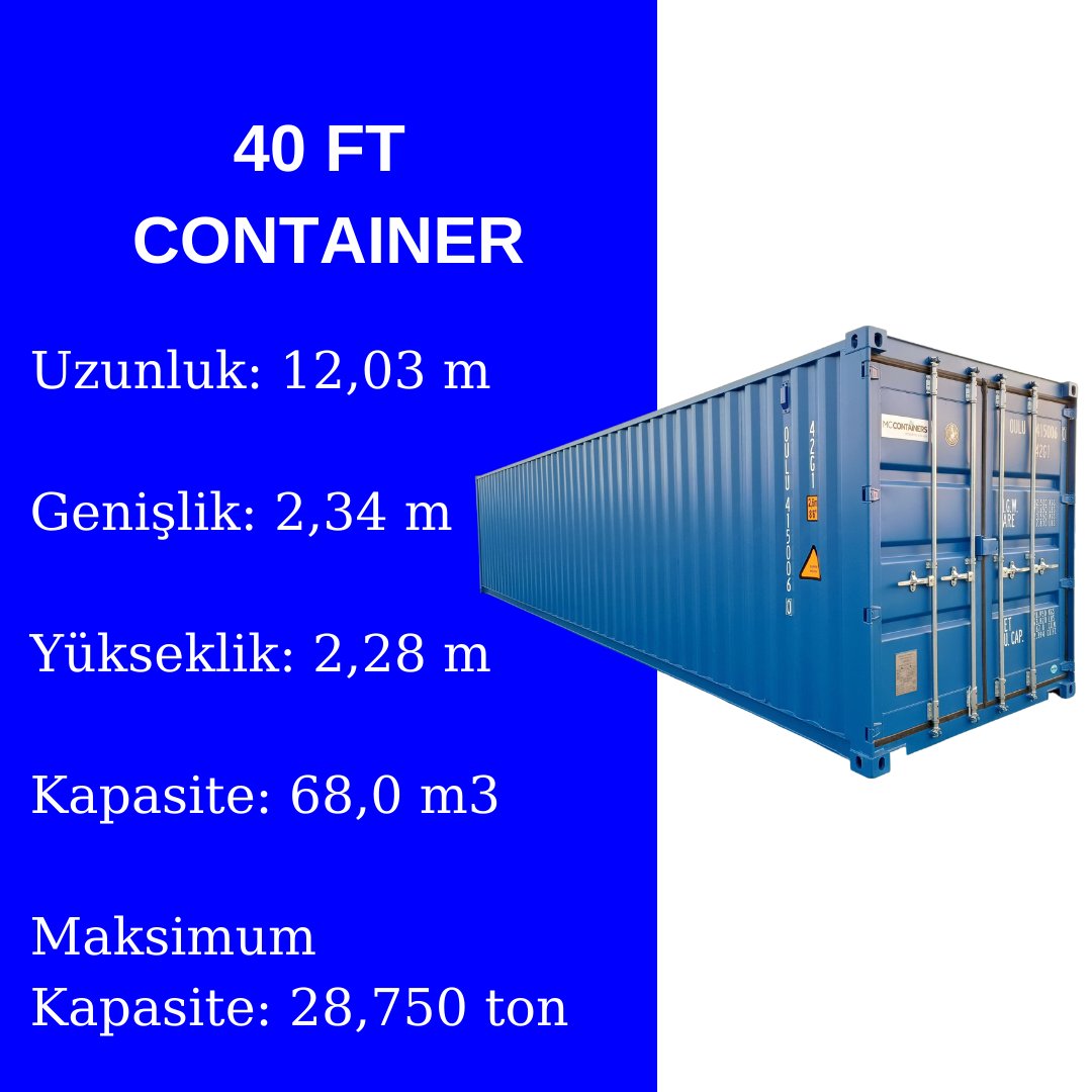 HLojstik's tweet image. KONTEYNER ÇEŞİTLERİ
(40 FT CONTAINER)

#40ftcontainer #container #HTLogistic #Logictics #ForeignTrade #Customs #Trade #Economy #Stroge #Service #Internationaltrade #International #Sales #Product #Transportation #Import #Export #Economic #Forwarder
