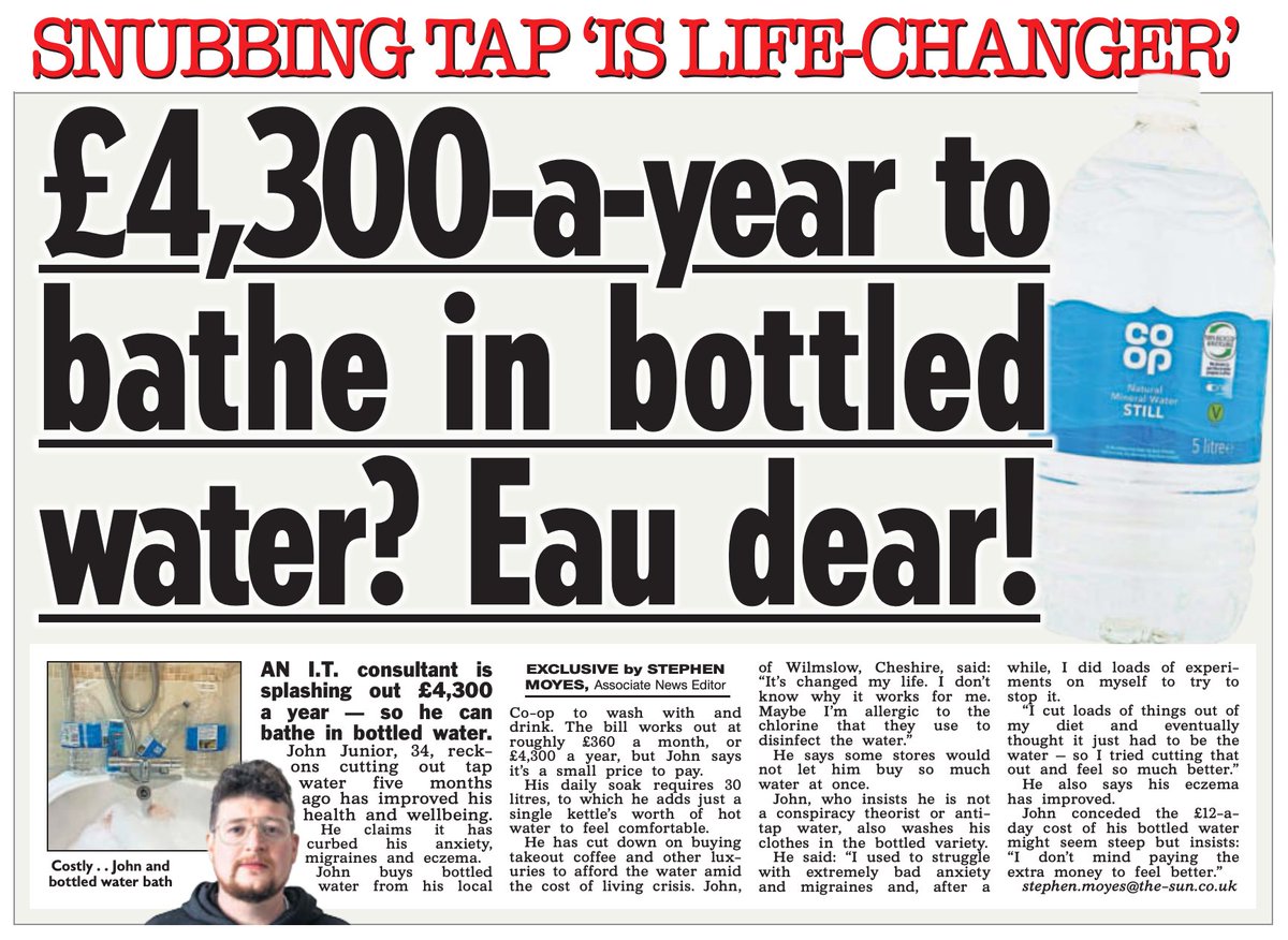 EXCLUSIVE in <a href="/TheSun/">The Sun</a> - Meet the man who will only bathe in bottled water - and says the £4k a year cost is worth every penny 🥤💧 thesun.co.uk/fabulous/21063…
🖋️ <a href="/Ed_Cullinane/">Ed Cullinane</a>