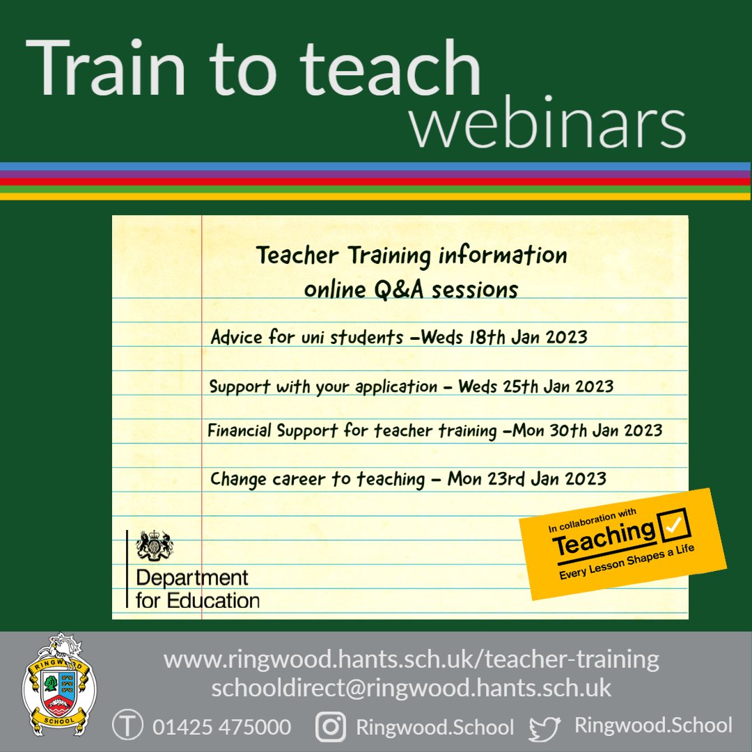 DfE Webinars - head over to getintoteaching.education.gov.uk/events
to book onto their online Q&amp;A sessions. #EveryLessonShapeALife
#SecondaryTeaching
#SecondaryPGCE
#PrimaryPGCE
#SecondarySchool
#PrimaryTeaching
#GetIntoTeaching
#TraineeTeacher
#BecomeaTeacher
#Routesintoteaching
#PGCE