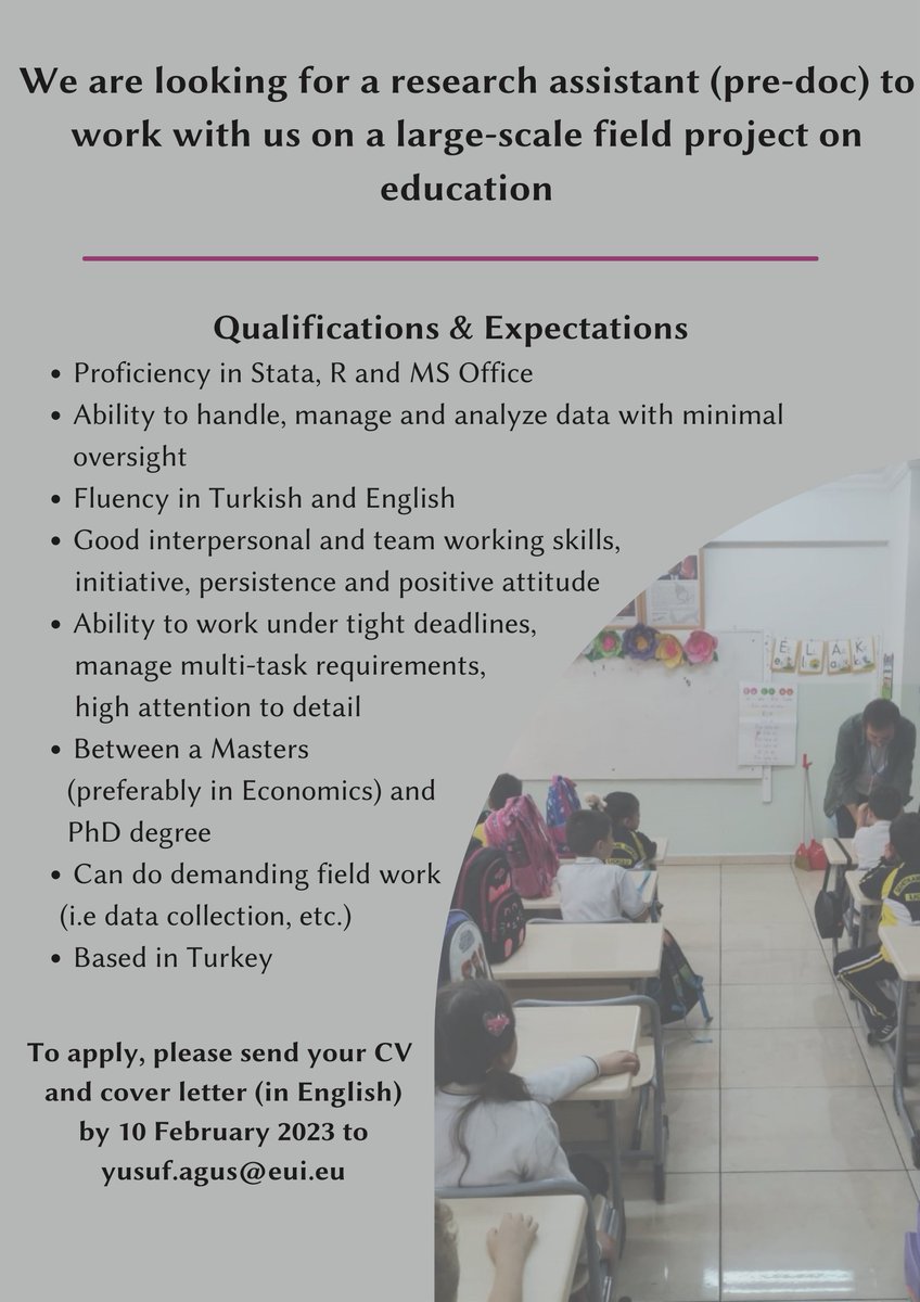 sulealan_econ's tweet photo. We are hiring a research assistant (pre-doc level) to work with us in various education projects in Turkey. You will be joining a great friendly team and doing fun fieldwork. The deadline for application is February 10, 2023. Please see the ad and apply asap!

Please RT. https://t.co/EBB0k5BDSn