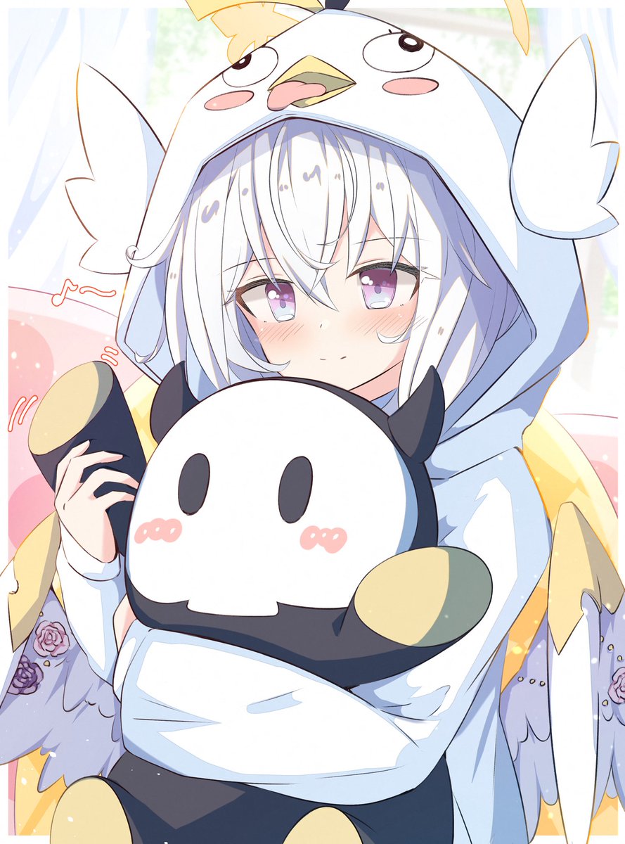 azusa (blue archive) 1girl wings hood white hair halo stuffed toy smile  illustration images