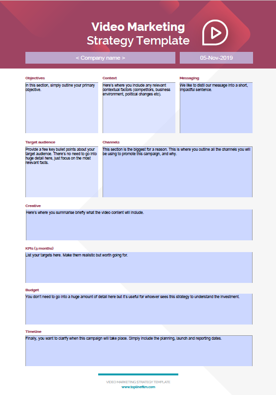 Creating #VideoMarketing #strategy is essential when planning a #video #campaign.

To ensure all bases are covered, we recommend completing a #VideoMarketingStrategy brief that everyone across the business can feed into.

Download our template here: hubs.ly/Q01wRry-0