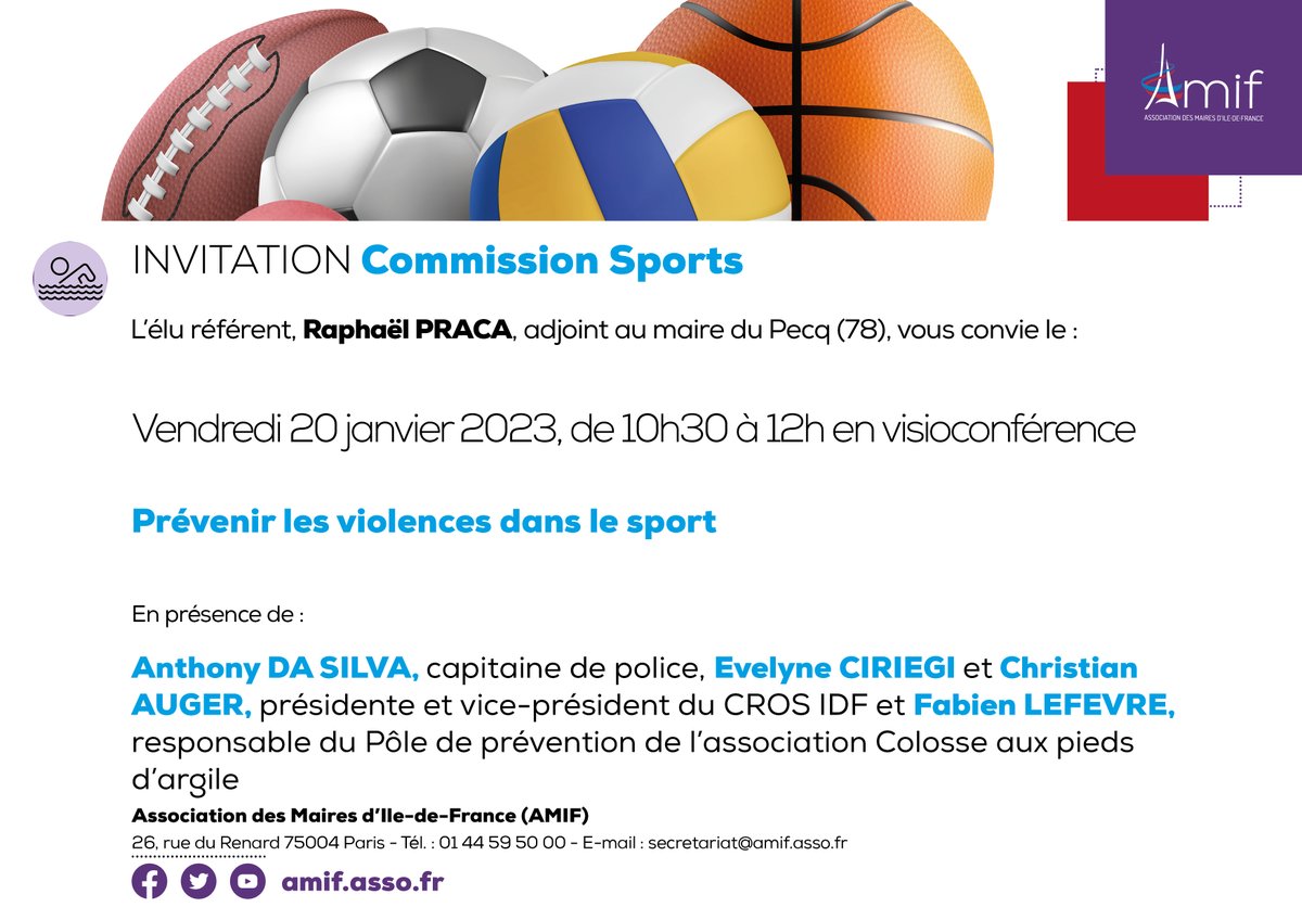 📍L'@AMIF_asso organise une commission #sports, 👩‍💻 sur ' Prévenir et gérer les violences dans le sport ' le 20 janvier à 10h30 🗓️ ➡️ urlz.fr/krUe #prevention @Raphael_Praca @crosif @Colosse_Asso