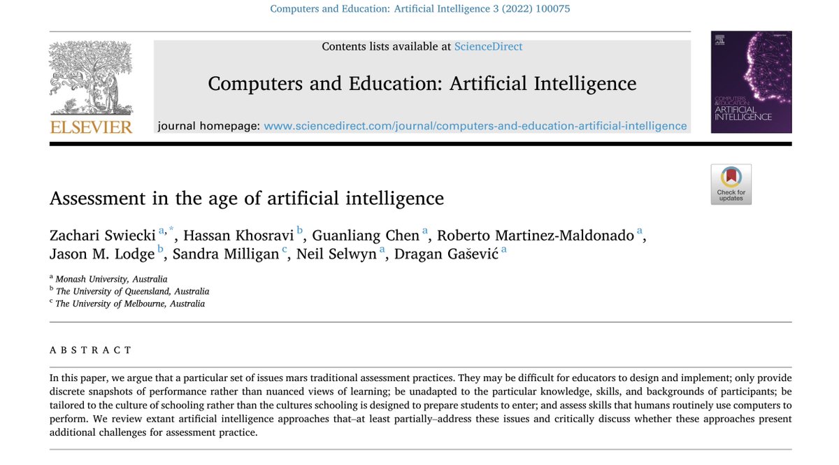 Interested in the implications of #ChatGPT and other AI tools for assessment? Our paper w/ Zachari Swiecki <a href="/AngusGLChen/">Guanliang Chen</a> <a href="/RobertoResearch/">Roberto Martinez-Maldonado</a> @jasonmlodge <a href="/SandraMilligan3/">Sandra Milligan</a> @Neil_Selwyn &amp; <a href="/dgasevic/">Dragan Gasevic</a> outlines challenges and future directions

View *open access* at tinyurl.com/AssessmentInAI