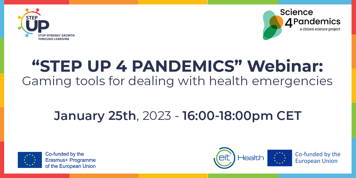 🗓️Our #ErasmusPlus project #STEP_UP joins forces w/ the @EITHealth project #Science4Pandemics to discuss about digital #learning tools & #gamification for #health crisispreparedness
When▶️25/01/2023 16:00 CET
Register▶️lnkd.in/dv_wruQb 
#Covid_19 #Tech4Good #CitizenScience