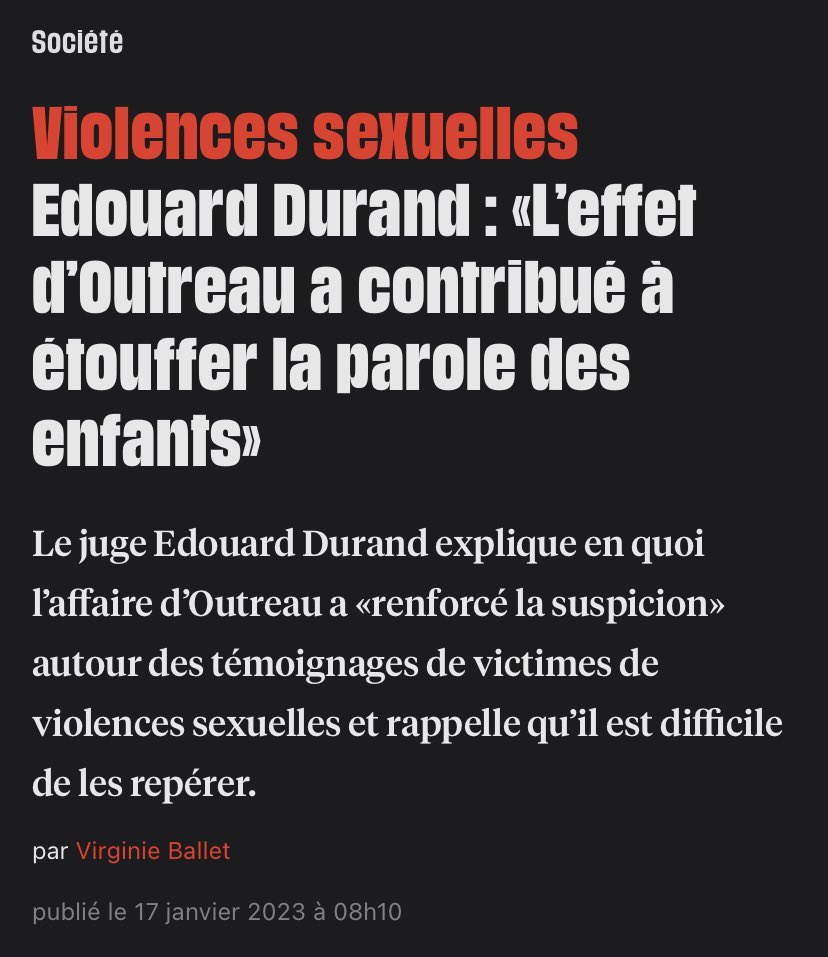 Avant la diffusion de la série « l’affaire d’Outreau » ce soir, ne l’oublions pas.

Il faut toujours prendre au sérieux la parole des enfants qui révèlent des violences.

👇🏻 Mon interview à lire dans <a href="/libe/">Libération</a> 

liberation.fr/societe/edouar…