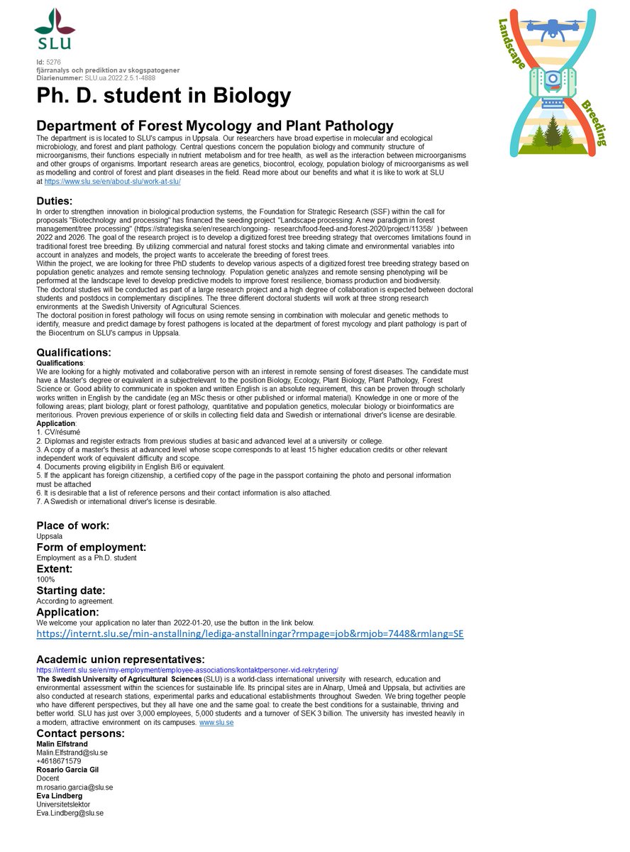 Open 4-year #PhD position @mycopat if you are interested in developing and applying novel non-destructive tools to detect and quantify forest diseases, please submit your application before the 20th of January. Please RT.