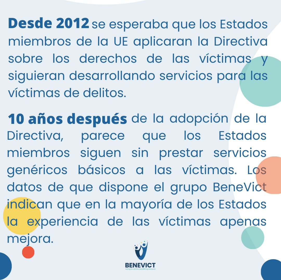 VictimSupportSp's tweet image. ¿Cómo se está aplicando la Directiva sobre los derechos de las víctimas en España y en toda Europa? ¿Cómo deberían ser las Oficinas de Asistencia a Víctimas? Participamos en el proyecto internacional #BeneVict, que busca estas respuestas: victim-support.eu/what-we-do/our… #BeneVictTuesday