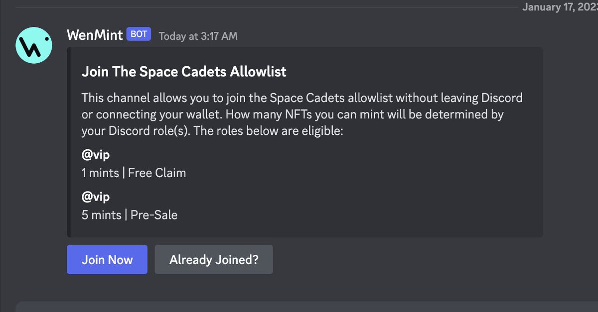Allowlisting has never been easier than with the new WenMint @discord bot. Collect wallets and emails for both free claim and paid mints. Create any number of roles with different max per wallet for each -- all pre-integrated with our mint forms and smart contracts. Magic. 🪄