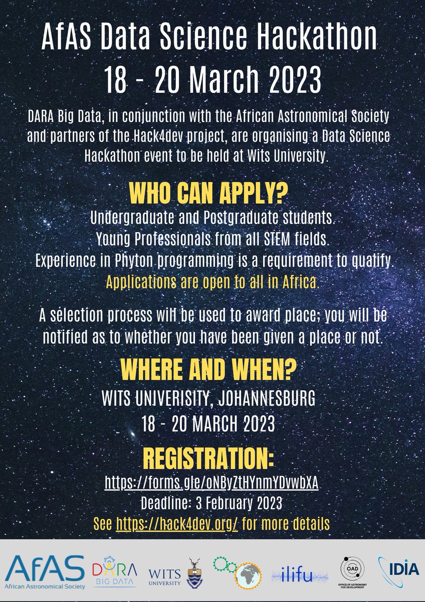 Hack4Dev (@hack4dev) on Twitter photo We are happy to announce another #Hack4dev event organized by <a href="/AfricaAstronomy/">AfricaAstronomy</a> and <a href="/DARABigData/">DARA Big Data</a> to be held at <a href="/WitsUniversity/">Wits University</a> in a friendly and supportive setup.
APPLY HERE: africanastronomicalsociety.org/afas-dara-big-…
#Hackathon #development #datascience #Africa #AfAS2023 We are happy to announce another #Hack4dev event organized by <a href="/AfricaAstronomy/">AfricaAstronomy</a> and <a href="/DARABigData/">DARA Big Data</a> to be held at <a href="/WitsUniversity/">Wits University</a> in a friendly and supportive setup.
APPLY HERE: africanastronomicalsociety.org/afas-dara-big-…
#Hackathon #development #datascience #Africa #AfAS2023