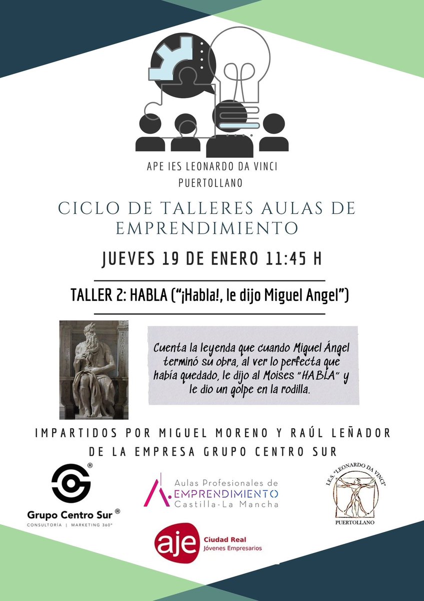 aula_vinci's tweet photo. Segundo taller APE del @iesleonardo , jueves 19 de enero a las 11:45h
@AJECiudadReal
@GrupoCentroSur @apesclm #habla
#ideasperfectas #emprendimiento
#apesclm https://t.co/qUnNaAepCl