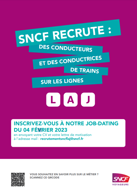LIGNEJ_SNCF's tweet image. #RecrutementSncfLAJ

Vous voulez être conductrice ou conducteur de train ?

📅 Retrouvez nous le 4 févier pour un Job Dating !

✍️ Inscrivez-vous en envoyant votre CV + lettre de motivation à l&apos;adresse mail : recrutementsncflaj@sncf.fr