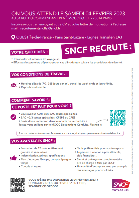 LIGNEJ_SNCF's tweet image. #RecrutementSncfLAJ

Vous voulez être conductrice ou conducteur de train ?

📅 Retrouvez nous le 4 févier pour un Job Dating !

✍️ Inscrivez-vous en envoyant votre CV + lettre de motivation à l&apos;adresse mail : recrutementsncflaj@sncf.fr
