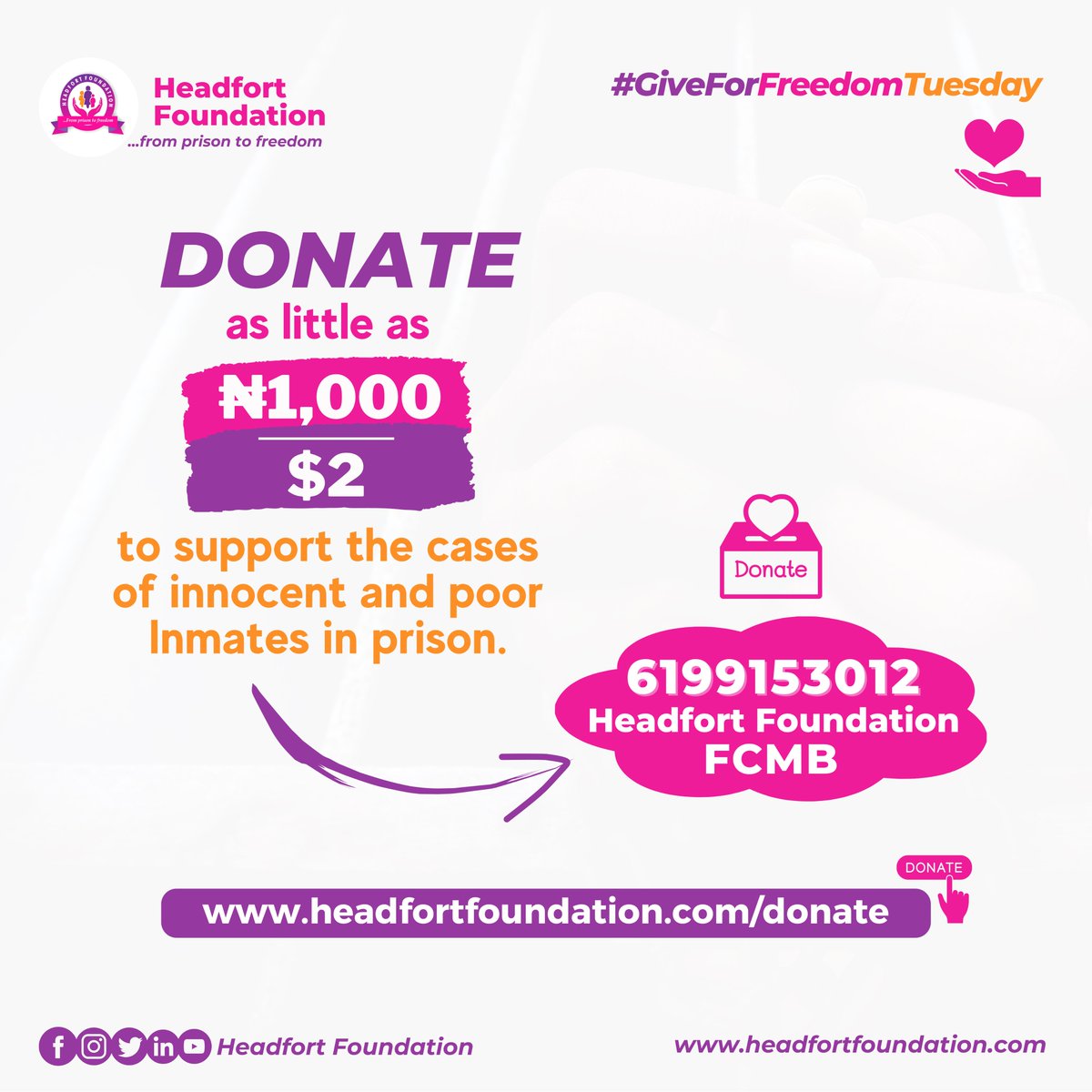 HeadfortF's tweet photo. Imagine being trapped behind bars for two months, unable to see your loved ones, simply because you can't afford the services of a Lawyer...
On today's #GiveForFreedomTuesday, we are asking for your support to help secure freedom for an indigent inmate. Your donation, as small https://t.co/FYgmp3P4xk