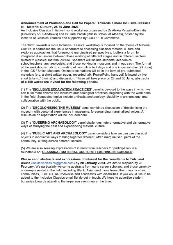Just a little reminder that the deadline for the call for papers for the next ICI conference on material culture is this Friday 20th January! <a href="/StA_Classics/">St Andrews Classics</a> <a href="/instclasstudies/">Institute of Classical Studies (ICS)</a> 
Please send abstracts to inclusiveclassics@gmail.com or get in touch for more info!