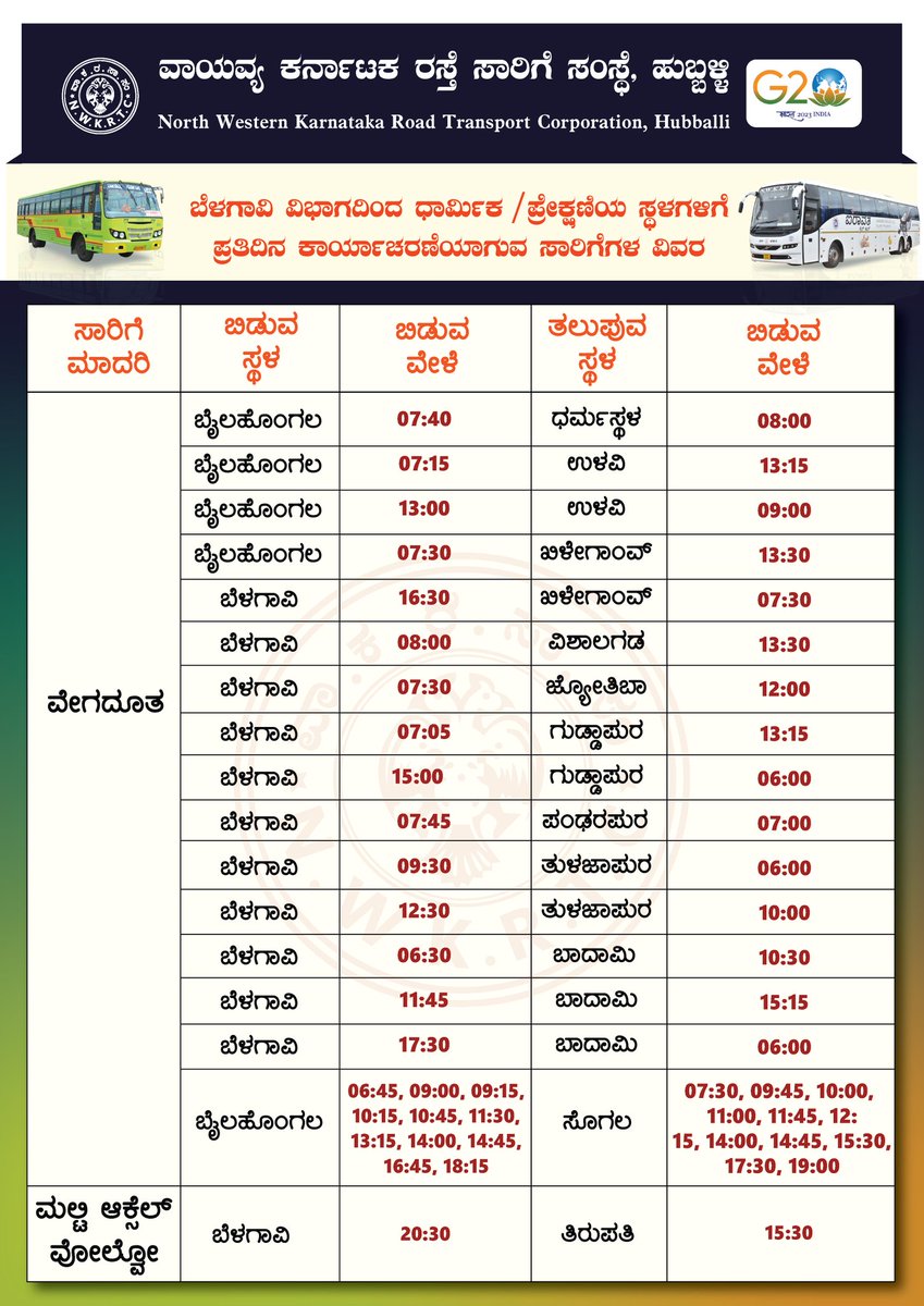nw_krtc's tweet photo. ಬೆಳಗಾವಿ ವಿಭಾಗದಿಂದ ಧಾರ್ಮಿಕ/ಪ್ರೇಕ್ಷಣ��ಯ ಸ್ಥಳಗಳಿಗೆ ಕಾರ್ಯಾಚರಣೆಯಾಗುವ ಸಾರಿಗೆಗಳ ವಿವರ.
ಸಾರ್ವಜನಿಕ ಪ್ರಯಾಣಿಕರು ಈ ಸೌಲಭ್ಯದ ಸದುಪಯೊಗ ಪಡೆದುಕೊಳ್ಳಬಹುದಾಗಿದೆ.
ಹೆಚ್ಚಿನ ಮಾಹಿತಿಗಾಗಿ ಸಂಪರ್ಕಿಸಿ:
ಬೆಳಗಾವಿ: 7760991612
ಬೈಲಹೊಂಗಲ: 7760994219
#NWKRTC #Belagavi #Bailhongal #Ulavi #Dharmasthala #Pandharpur https://t.co/AkZ6kAE7Kk