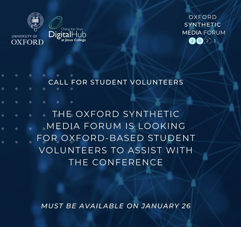 OxGenAI's tweet photo. Are you an Oxford-based student interested in AI and synthetic media? join #OSMF23 as a conference volunteer!

By assisting our team on the day of, you'll get:

🎟️ Free entry
🤝 Networking opportunties
🎙️ The chance to attend panels

Sign up here: https://t.co/WnANmmECtO https://t.co/AlpQozeemR