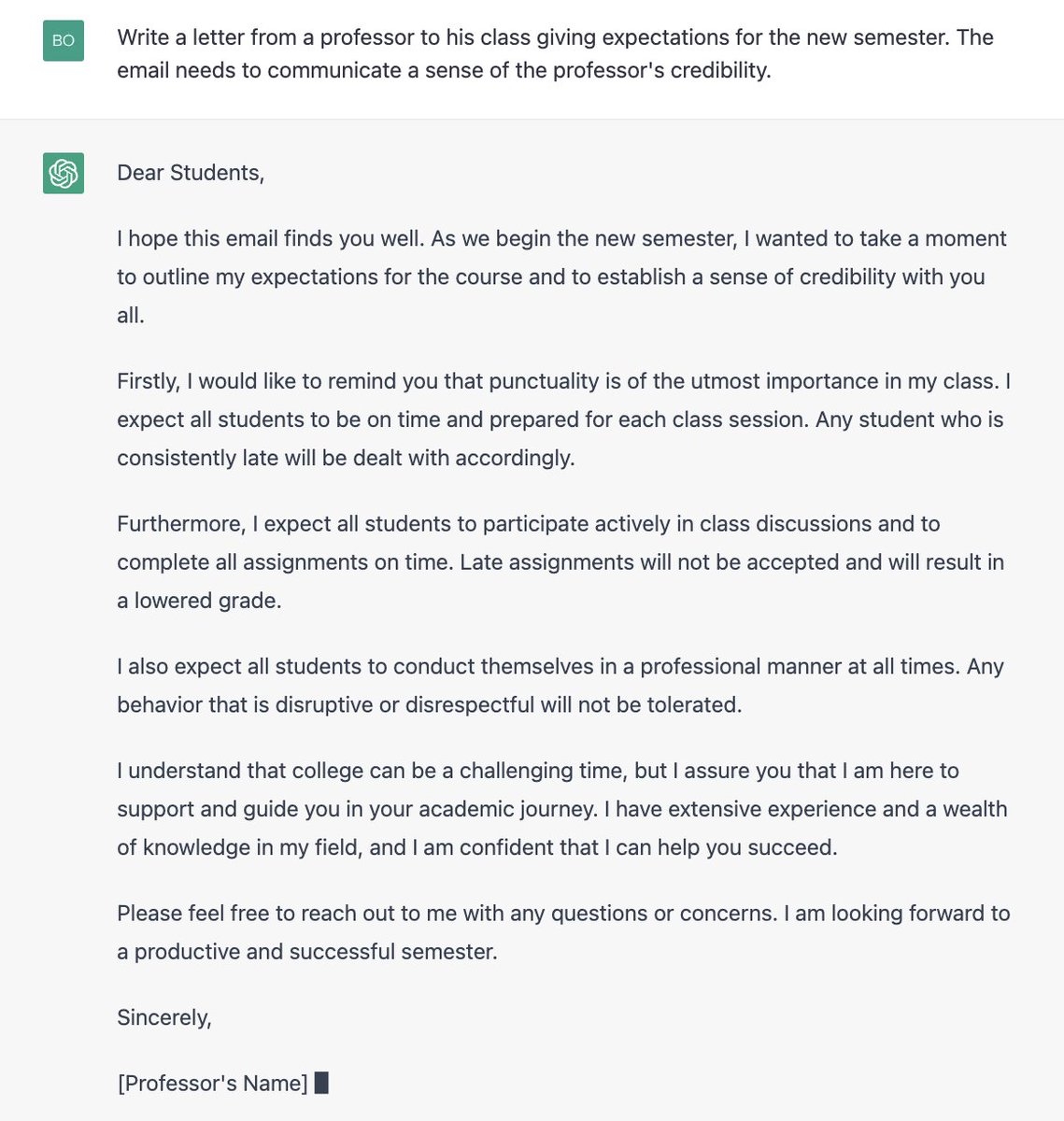ChatGPT could be useful for research on gender. I used the same prompt--write an email from a professor for the first day of class--and varied the gender by changing "his" to "her." The "her" email is twice as long and invites students to office hours (the "his" email does not).