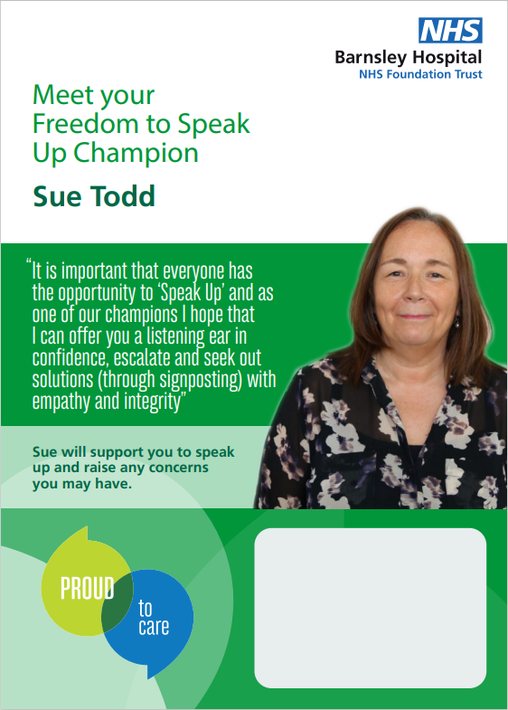 Sue has been a champion since 2018 and is incredibly passionate about supporting staff.
Thank you Sue for your hard work.
#FTSU 
#SpeakUpToMe
#SpeakupforInclusion
<a href="/barnshospital/">Barnsley Hospital</a>
<a href="/NatGuardianFTSU/">National Guardian's Office 💙</a>