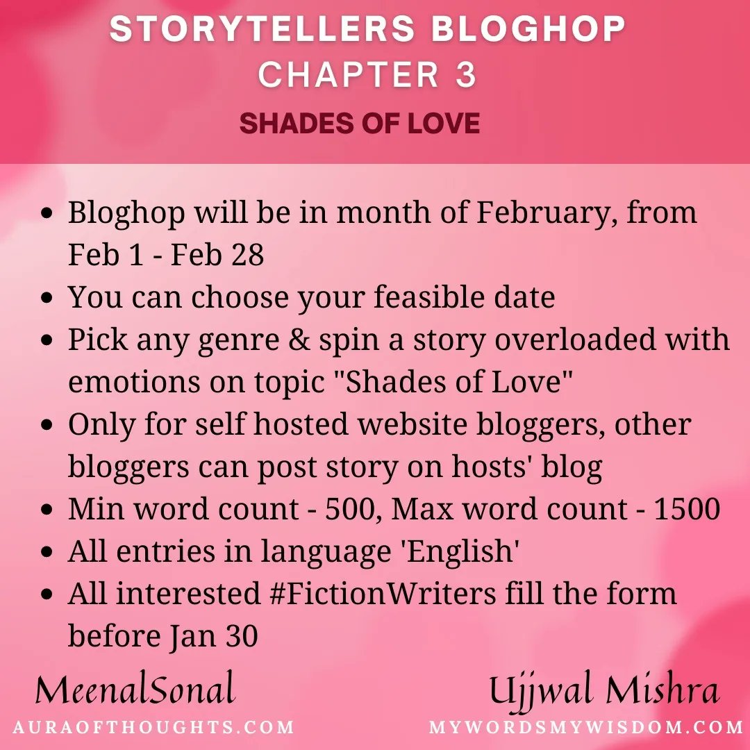 We are back with the third season of #StorytellersBlogHop. The most awaited #Bloghop for #FictionWriters hosted by #MeenalSonal @mywordswisdom

Coming to the third season was only possible with your love and passion for storytelling.
Register NOW ! 

forms.gle/ZxyqKEYbuGzTXw…