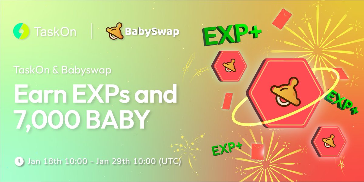 taskonxyz's tweet photo. 🎉#TaskOn x @babyswap_bsc BIG #giveaway is coming!

🎁 7,000 $BABY + #EXPs
⏰ Jan 18th 10:00 - Jan 29th 10:00 (UTC)   
 
👶BABY Time Now:
👉https://t.co/PcqJ6boHSC

#BabySwap #BNBChain #Airdrop https://t.co/vYzVpy9otr