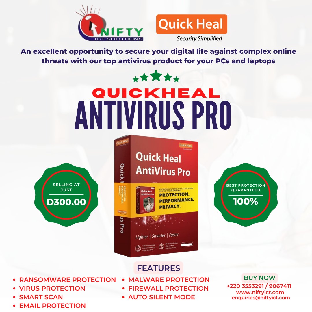 IctNifty's tweet photo. An excellent opportunity to secure your digital life against complex online threats with our top antivirus and internet security products for your PCs, laptops, and Smartphones.
Get premium licenses from Nifty ICT Solutions at as low as D300! 
#antivirus #technology #protection https://t.co/hfyx25PgQS