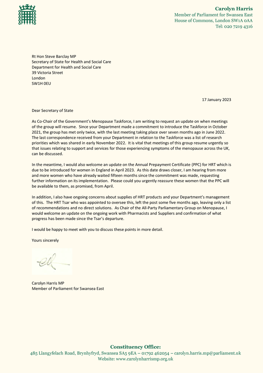 carolynharris24's tweet photo. 🚨I have written to the Health Secretary for an update on how close he is to implementing the Annual Prepayment Certificate for #HRT. 

The #Menopause Taskforce has only met twice and #HRT shortages (Utrogestan) are still happening - the Government can't let this issue slip!! https://t.co/BN51nGTm9O