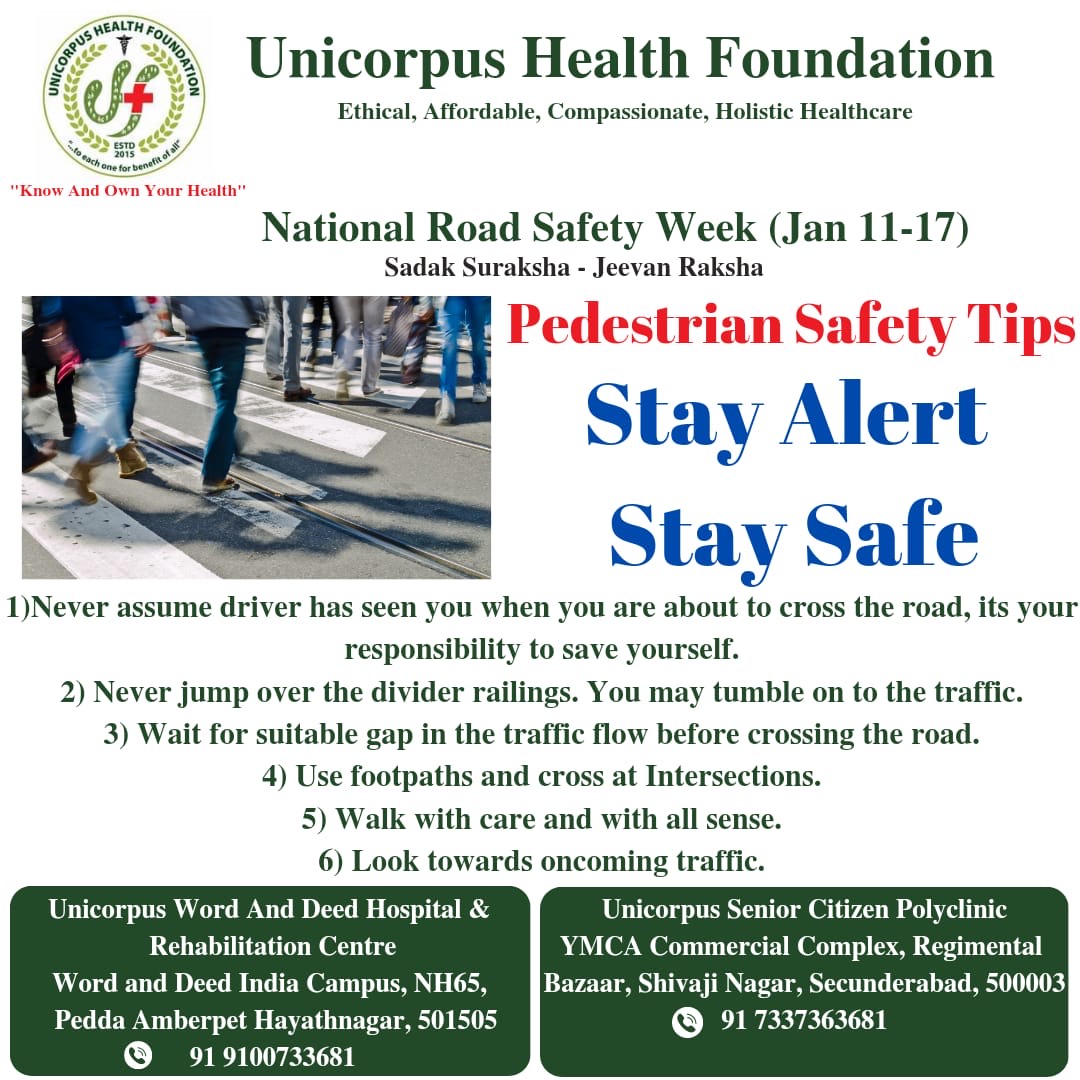 UnicorpusHealth's tweet photo. As pedestrians, it's our duty to ensure our own safety, the safety of others on the streets. Stay vigilant, follow these tips for a safe journey
#PedestrianSafety #WalkSafe #RoadSafety #WalkWise #UnicorpusHealthFoundation #RoadSafetyWeek #SadakSurakshaJeevanRaksha #RoadSafetyTips https://t.co/G64LcMIkOa
