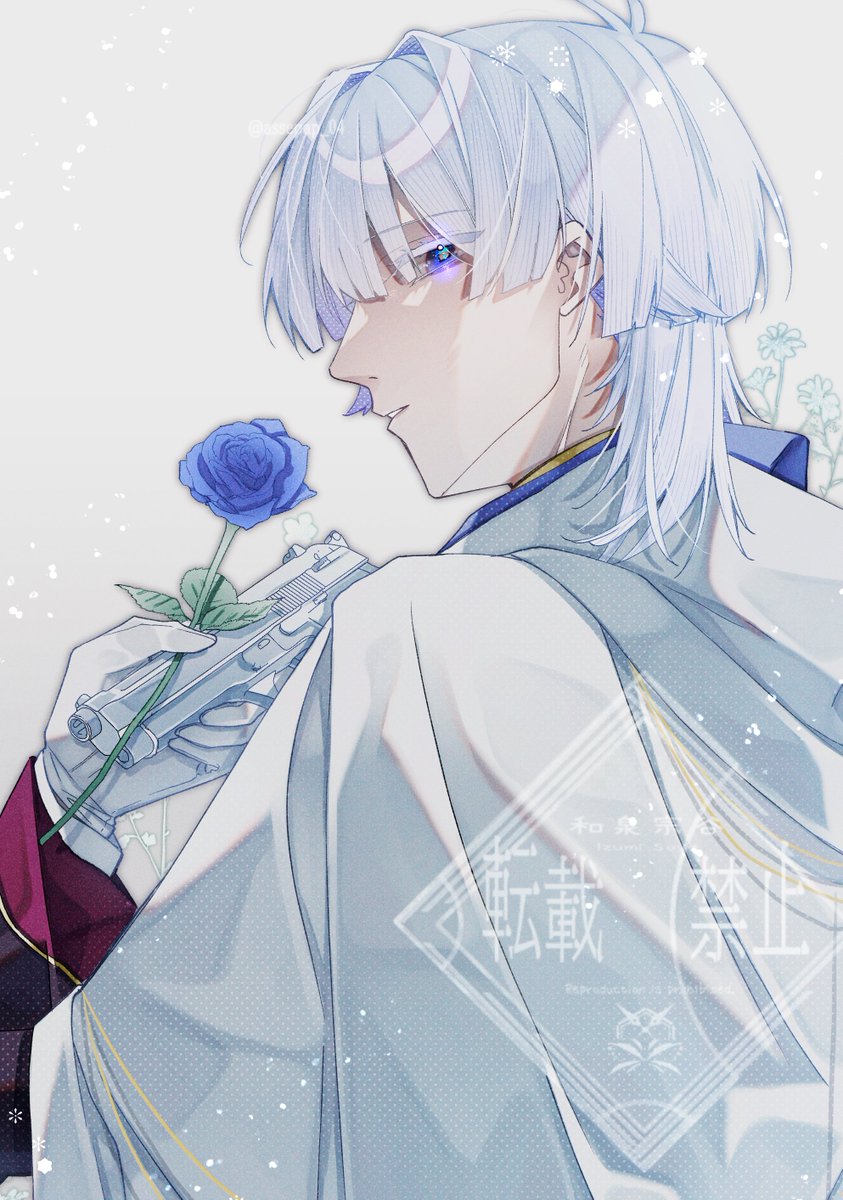 1boy bishounen blue flower blue rose flower from behind gloves  illustration images