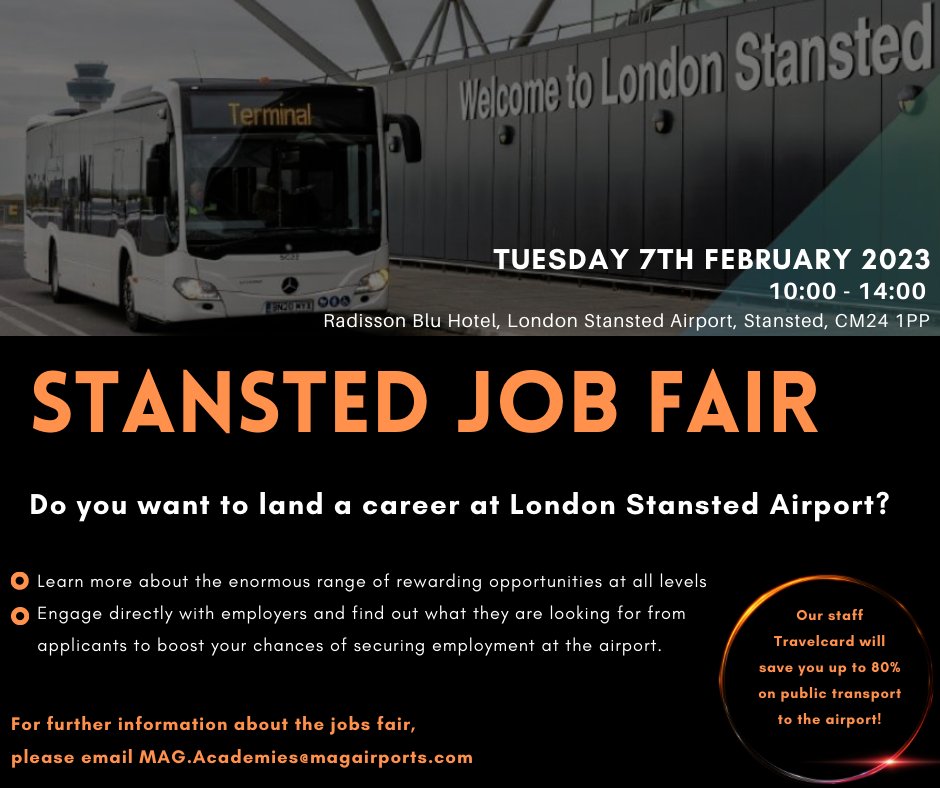 WDFJobs's tweet photo. ✈ London Stansted Airport are holding a job fair on Tuesday 7th February! This is a great opportunity to learn more about the roles available and ask any questions you may have to the team. We look forward to seeing you there! 👋 #stanstedairport #airportjobs #airportrecruitment https://t.co/Ucht66CMBU