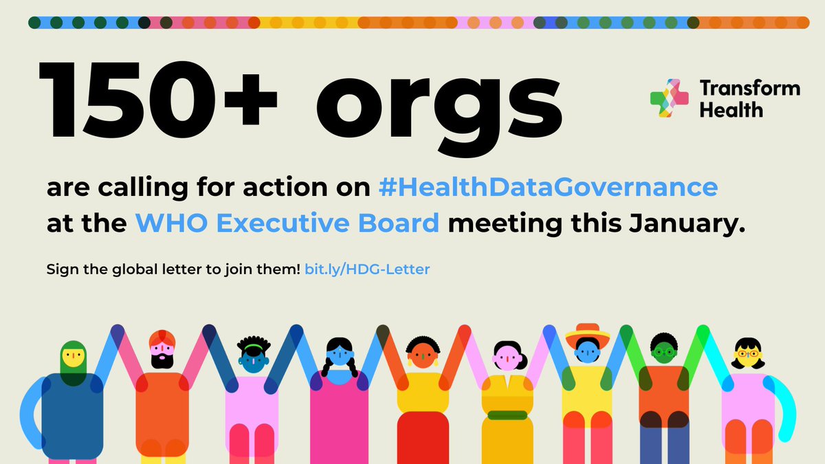 Members of the <a href="/WHO/">World Health Organization (WHO)</a> Executive Board are meeting this month to set global health priorities at #WHA76. 💼

Join 150+ organisations that are calling for #HealthDataGovernance to be a priority at #EB152.

✍🏽 Sign the letter:

transformhealthcoalition.org/growing-demand…
