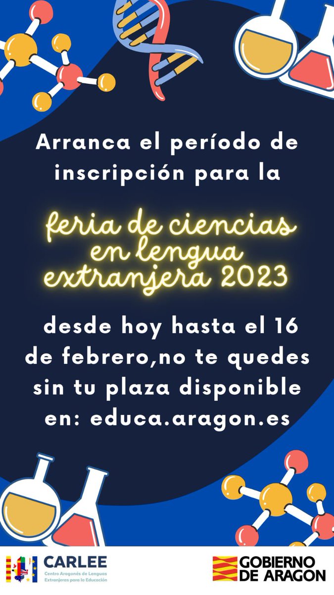 Comienza inscripción a @FairAragon 2023!!! Te esperamos en la VIII Edición de la Feria de Ciencias en Lengua extranjera en #Aragon Más info: carleearagon.es/feria-de-cienc… @dgalextranjeras @dgafprofesorado @InnovaEducAr @espacioalfranca