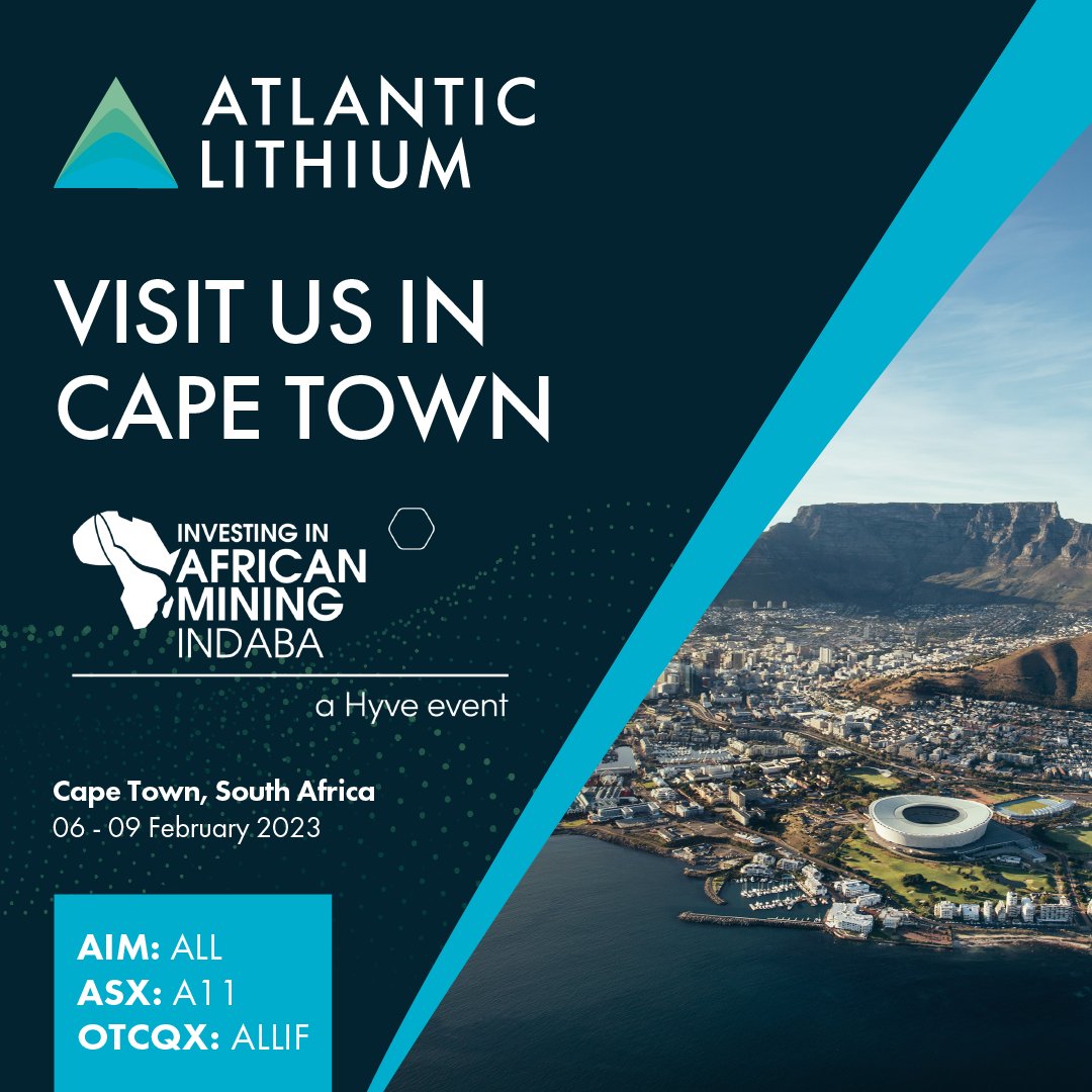 AtlanticLithium's tweet photo. Atlantic Lithium is delighted to be attending @MiningIndaba. To hear more about how we are working to promote #Ghana as a destination for sustainably sourced #lithium, please visit us at booth number #K43.  

#AtlanticLithium #ALL $A11 $ALLIF #MiningIndaba #Indaba #MI23 https://t.co/OgeeHQi6fT