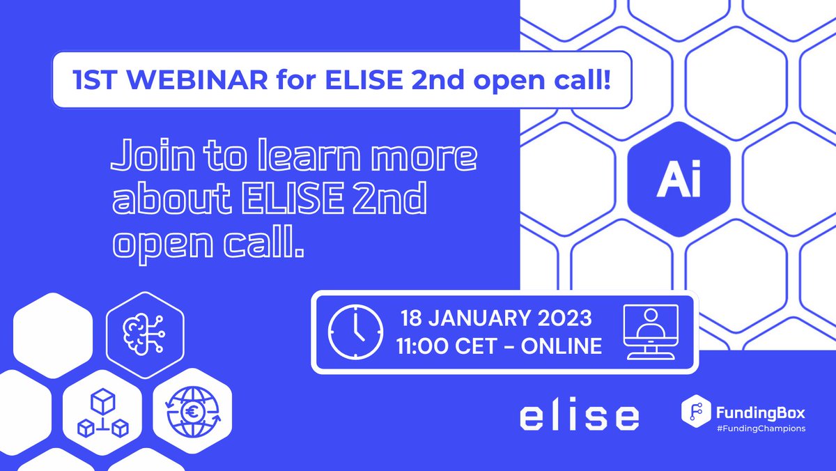 FundingBox's tweet image. Grab your seats if you are interested in developing AI services!
🎉 ELISE WEBINAR 1 | 18 January  2023 11:00 CET Online
🧐 Join to learn more about ELISE 2nd open call.
👉 REGISTER here: bit.ly/3uWoK15

#Horizon2020 #AI #AIforSME #FundingChampions