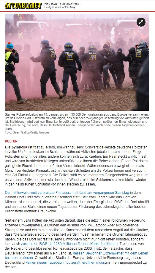 Kl_Stone's tweet image. SCHWEDEN: Der "Mönch v. Luetzerath" und sein spektakuläres Erscheinen auf der Großdemo bei #Luetzerath am vergangenen Samstag schafft es heute sogar in die Kulturseiten der rennomierten schwedischen Tageszeitung "#Aftonbladet" (Übersetzung unten)

#LuetziBleibt #FridaysForFuture