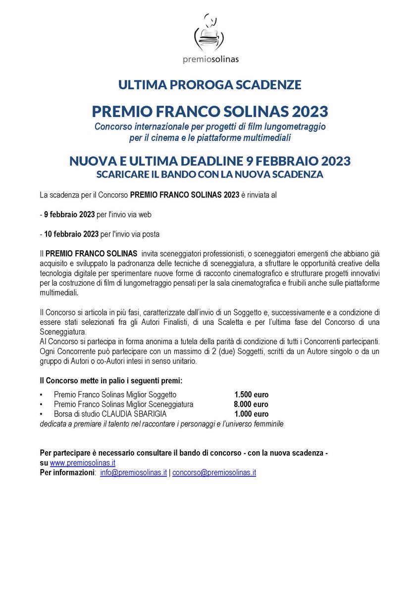 ⏳Ultima proroga scadenze per il Premio Franco Solinas 2023 👇