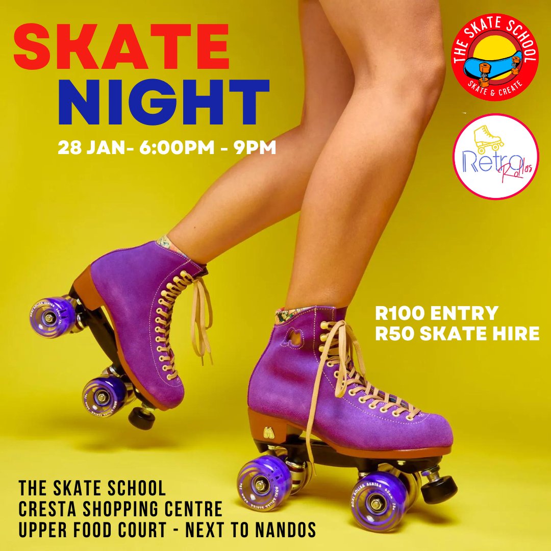 The Skate School &amp; Retro Rollas present Skate Night on Saturday 28th Jan from 6pm to 9pm. 
Book now: wkf.ms/3kij2oa

Join us for a fun filled evening of Quad &amp; in-line skating at our new skate park in Cresta shopping centre. 
Bring your own skates or grab a rental pair.