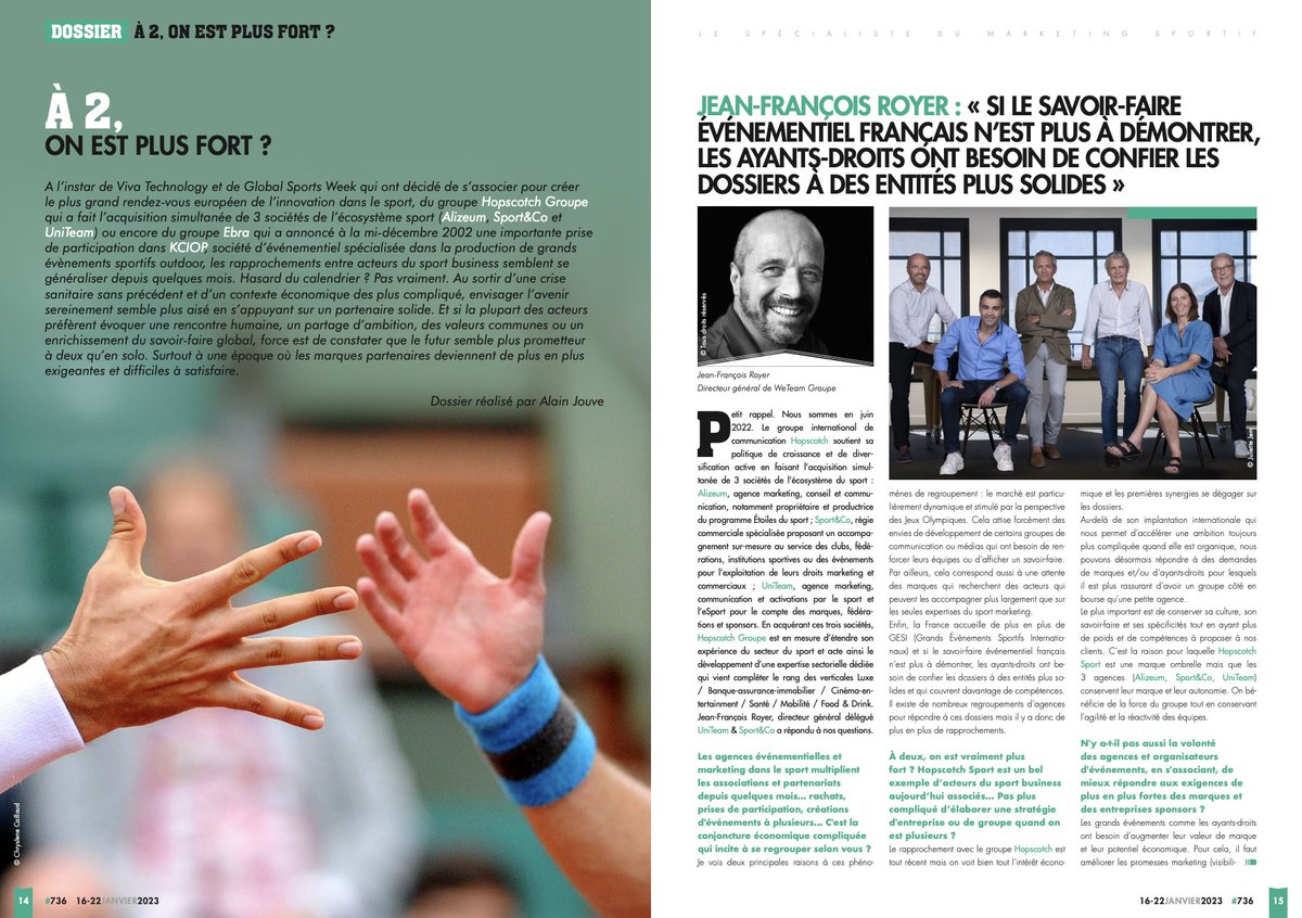 [REVUE DE PRESSE 🗞 #Corporate]

Pour <a href="/SportStrategies/">Sport Stratégies</a>, notre Directeur Général <a href="/JFR91/">JF Royer</a> revient sur le rapprochement avec <a href="/HOPSCOTCHgroupe/">HOPSCOTCH Groupe</a> et les premières synergies déjà visibles au quotidien.

Merci à <a href="/clyde_jouve/">Alain Jouve</a> pour la mise en avant de cette alliance