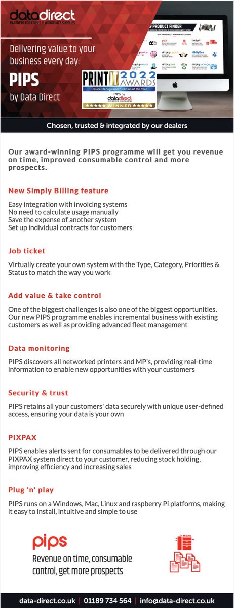 Award-winning device management solution of the year: PIPS by Data Direct - delivering value to your business every day.
For revenue on time, improved consumable control and more prospects.
data-direct.co.uk/partner-progra…
#datadirect #mps #device #toner