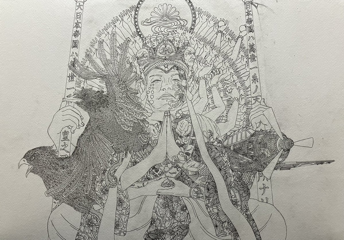 千手観音像の着物を江戸時代の柄物風に描いています🎌
画面右側は睡蓮、左側は桜です!! 